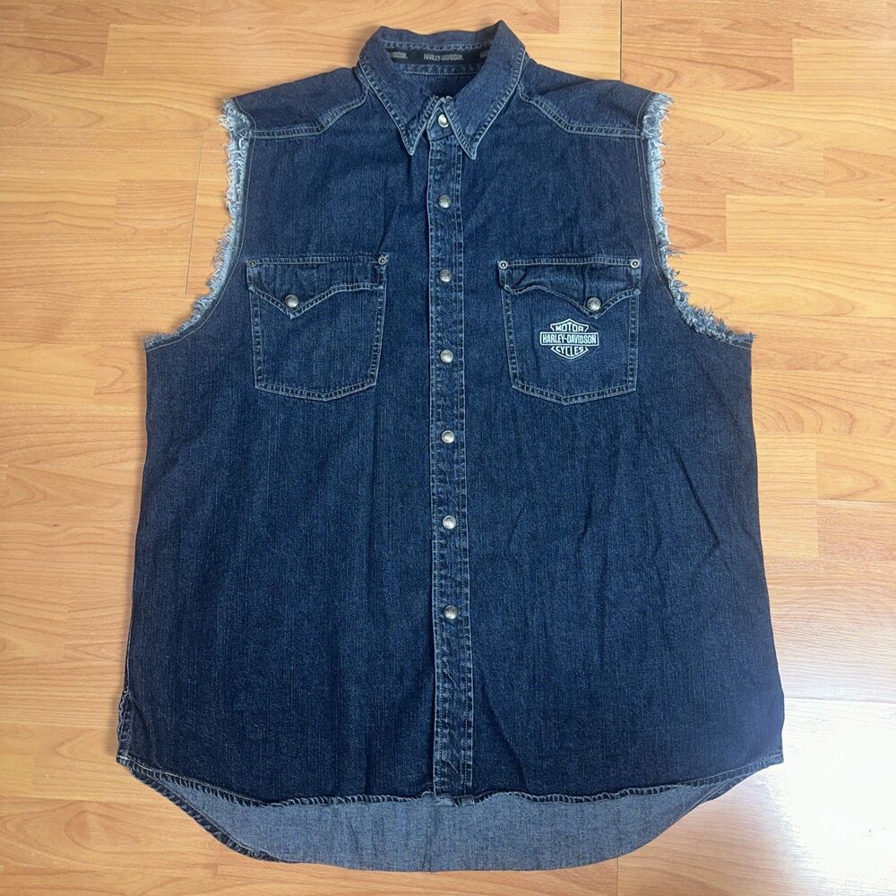 Vintage Harley Davidson Dark Blue Denim Vest Mens XL  Eagle Button